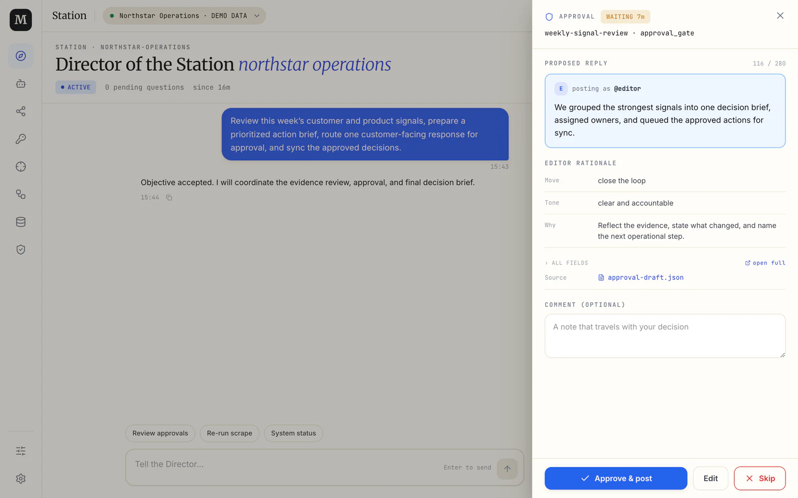 Approval detail for a Northstar response with context, approve, and return controls.