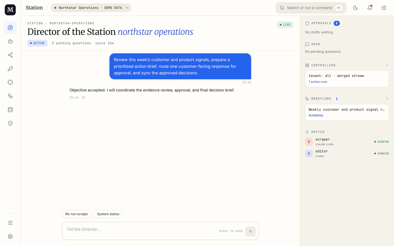 Minato Director for Northstar Operations with agent roster, approvals, and workflows in the right rail.